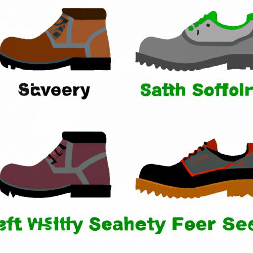 Various types of safety shoes - steel toe, composite toe, electrical hazard, and slip-resistant.